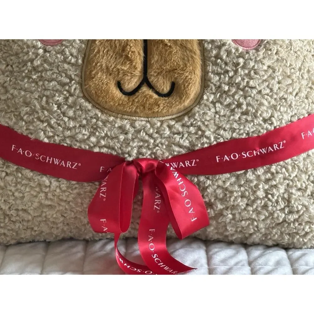 FAO SCHWARZ Brown Curly‎ Hair Teddy Bear Face Pillow NEW With Tags 20